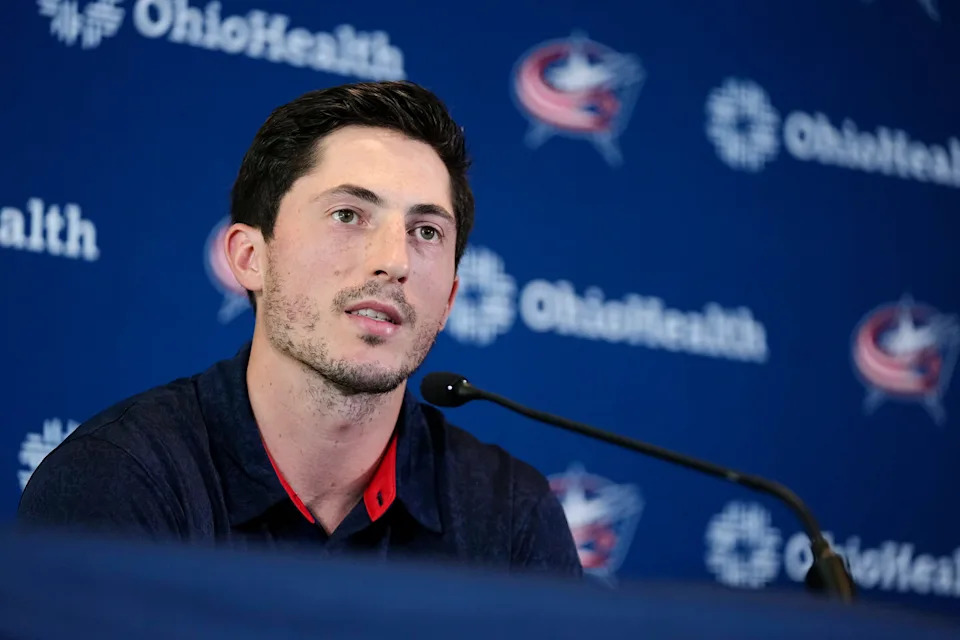 Columbus Blue Jackets defenseman Zach Werenski speaks during the team media day at Nationwide Arena on Sept. 15, 2025.