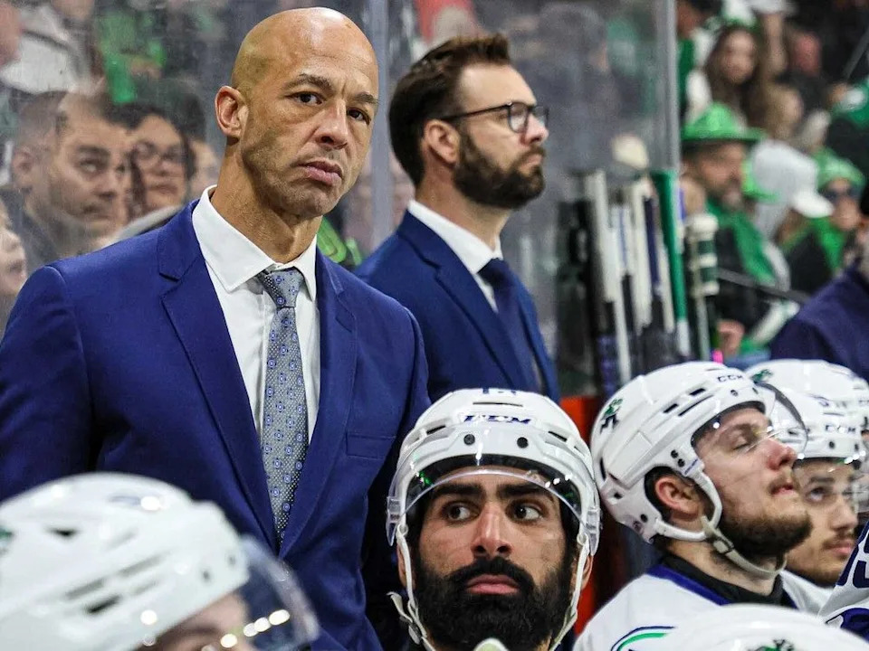  Abbotsford Canucks head coach Manny Malhotra behind the bench during Game 4 of the Western Conference finals against the Texas Stars on Wednesday, June 4, 2025