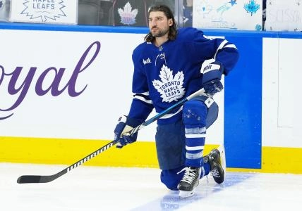 Toronto Maple Leafs defenseman Chris Tanev taking part in pre-game warm-ups.