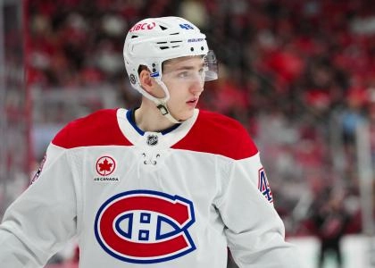 Mar 28, 2025; Raleigh, North Carolina, USA; Montreal Canadiens defenseman Lane Hutson (48) looks on against the Carolina Hurricanes during the first period at Lenovo Center. Mandatory Credit: James Guillory-Imagn Images