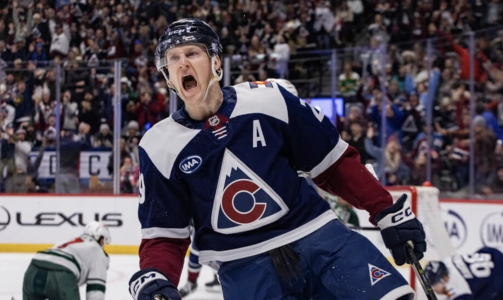 Avalanche forward Nathan MacKinnon celebrates a goal
