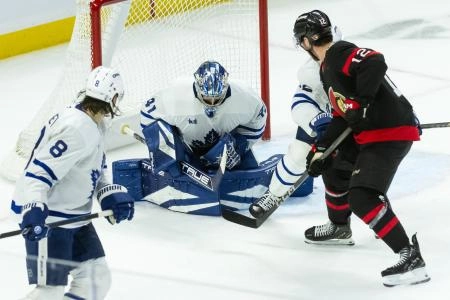 Anthony Stolarz makes a save against the Ottawa Senators