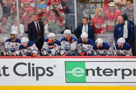 Edmonton Oilers bench after their Stanley Cup Final loss Edmonton Oilers bench after their Stanley Cup Final loss