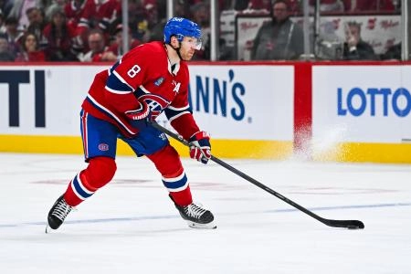Apr 27, 2025; Montreal, Quebec, CAN; Montreal Canadiens defenseman Mike Matheson (8) plays the puck against the Washington Capitals during the third period in game four of the first round of the 2025 Stanley Cup Playoffs at Bell Centre. Mandatory Credit: David Kirouac-Imagn Images Apr 27, 2025; Montreal, Quebec, CAN; Montreal Canadiens defenseman Mike Matheson (8) plays the puck against the Washington Capitals during the third period in game four of the first round of the 2025 Stanley Cup Playoffs at Bell Centre. Mandatory Credit: David Kirouac-Imagn Images