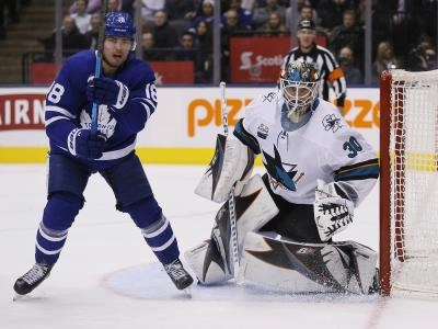 San Jose Sharks goaltender Aaron Dell in goal against the Toronto Maple Leafs.