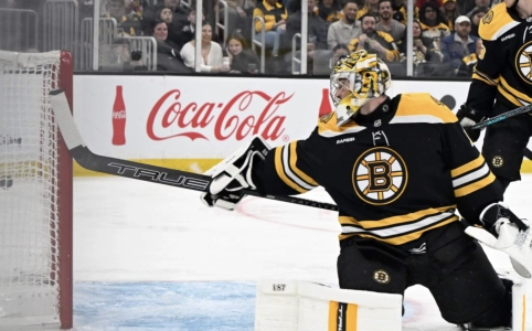 Bruins goaltender Jeremy Swayman allows a goal