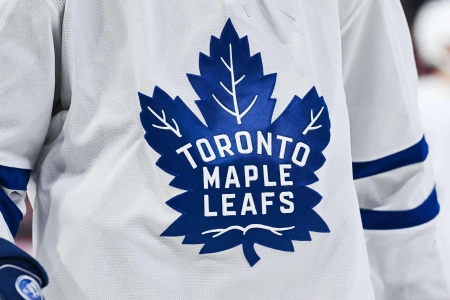 Jan 18, 2025; Montreal, Quebec, CAN; View of a Toronto Maple Leafs logo on a jersey worn by a member of the team during the second period at Bell Centre. Mandatory Credit: David Kirouac-Imagn Images