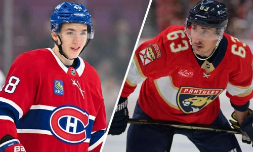 Montreal Canadiens defenseman Lane Hutson (left) and Florida Panthers forward Brad Marchand (right).