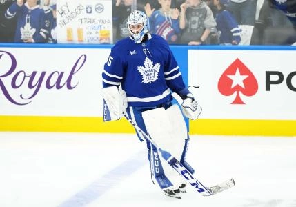 Oct 12, 2024; Toronto, Ontario, CAN; Toronto Maple Leafs goaltender Dennis Hildeby (35) skates during the warmup before a game against the Pittsburgh Penguins at Scotiabank Arena. Mandatory Credit: Nick Turchiaro-Imagn Images