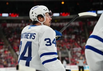 Apr 13, 2025; Raleigh, North Carolina, USA; Toronto Maple Leafs center Auston Matthews (34) celebrates his goal against the Carolina Hurricanes during the second period at Lenovo Center. Mandatory Credit: James Guillory-Imagn Images Apr 13, 2025; Raleigh, North Carolina, USA; Toronto Maple Leafs center Auston Matthews (34) celebrates his goal against the Carolina Hurricanes during the second period at Lenovo Center. Mandatory Credit: James Guillory-Imagn Images