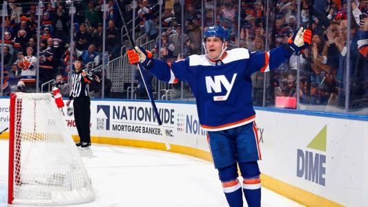 Former Vancouver Canucks captain Bo Horvat celebrating a goal with the New York Islanders.