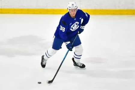 Maple Leafs defensive prospect Ben Danford skates with the club during a team practice.