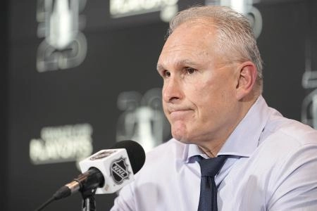May 5, 2025; Toronto, Ontario, CAN; Toronto Maple Leafs head coach Craig Berube during a post game press conference following game one in the second round of the 2025 Stanley Cup Playoffs against the Florida Panthers at Scotiabank Arena. Mandatory Credit: John E. Sokolowski-Imagn Images