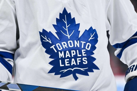 Jan 18, 2025; Montreal, Quebec, CAN; View of a Toronto Maple Leafs logo on a jersey worn by a member of the team during the second period at Bell Centre. Mandatory Credit: David Kirouac-Imagn Images