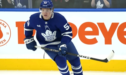Sep 25, 2023; Toronto, Ontario, CAN; Toronto Maple Leafs forward Easton Cowan (53) skates during warm up before a game against the Ottawa Senators at Scotiabank Arena