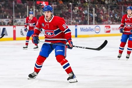 Sep 30, 2023; Montreal, Quebec, CAN; Montreal Canadiens defenseman William Trudeau (84) looks on during the first period at Bell Centre. Mandatory Credit: David Kirouac-Imagn Images