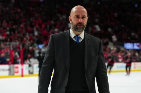 Apr 7, 2024; Raleigh, North Carolina, USA; Columbus Blue Jackets head coach Pascal Vincent comes off the ice after their loss to the Carolina Hurricanes at PNC Arena. Mandatory Credit: James Guillory-Imagn Images
