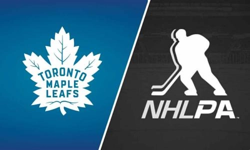 Toronto Maple Leafs logo (left)  NHL Players Association (NHLPA) logo (right)