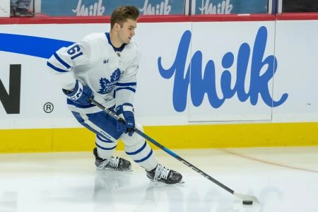 Jan 25, 2025; Ottawa, Ontario, CAN; Toronto Maple Leafs center Jacob Quillan (61) skates on his own during warmup prior to his first NHL game to be played against Ottawa Senators at the Canadian Tire Centre. Mandatory Credit: Marc DesRosiers-Imagn Images