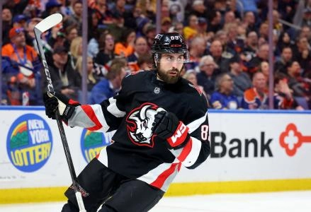 Mar 10, 2025; Buffalo, New York, USA;  Buffalo Sabres right wing Alex Tuch (89) reacts after scoring a goal during the second period against the Edmonton Oilers at KeyBank Center. Mandatory Credit: Timothy T. Ludwig-Imagn Images