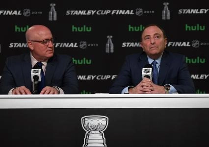 May 28, 2018; Las Vegas, NV, USA; NHL commissioner Gary Bettman and deputy commissioner speak Bill Daly speak with media before game one of the 2018 Stanley Cup Final between the Vegas Golden Knights and Washington Capitals at T-Mobile Arena. Mandatory Credit: Stephen R. Sylvanie-Imagn Images