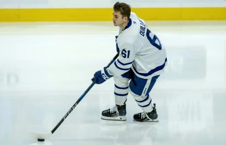 Jan 25, 2025; Ottawa, Ontario, CAN; Toronto Maple Leafs center Jacob Quillan (61) skates on his own during warmup prior to his first NHL game to be played against Ottawa Senators at the Canadian Tire Centre