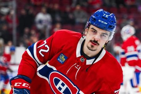 Dec 12, 2024; Montreal, Quebec, CAN; Montreal Canadiens defenseman Arber Xhekaj (72) looks on during warm-up before the game against the Pittsburgh Penguins at Bell Centre. Mandatory Credit: David Kirouac-Imagn Images