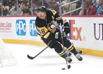 Mar 1, 2025; Pittsburgh, Pennsylvania, USA; Pittsburgh Penguins defenseman Kris Letang (58) moves the puck against the Boston Bruins during the second period at PPG Paints Arena. Mandatory Credit: Charles LeClaire-Imagn Images Mar 1, 2025; Pittsburgh, Pennsylvania, USA; Pittsburgh Penguins defenseman Kris Letang (58) moves the puck against the Boston Bruins during the second period at PPG Paints Arena. Mandatory Credit: Charles LeClaire-Imagn Images