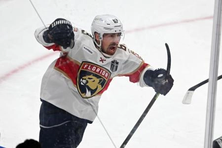 Jun 6, 2025; Edmonton, Alberta, CAN; Florida Panthers center Brad Marchand (63) reacts after scoring a goal on Edmonton Oilers goaltender Stuart Skinner (74) during the second period in game two of the 2025 Stanley Cup Final at Rogers Place. Mandatory Credit: Walter Tychnowicz-Imagn Images