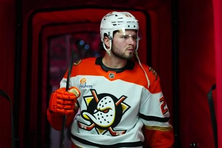 Jan 12, 2025; Raleigh, North Carolina, USA; Anaheim Ducks center Mason McTavish (23) comes off the ice after the warmups before the game against the Carolina Hurricanes at Lenovo Center. Mandatory Credit: James Guillory-Imagn Images