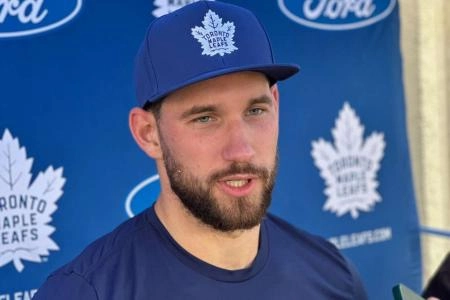 Toronto Maple Leafs goaltender Anthony Stolarz speaks to the media ahead of the team's training camp