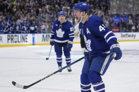 Apr 24, 2024; Toronto, Ontario, CAN; Toronto Maple Leafs defenseman Morgan Rielly (44) reacts after assisting on a goal by forward Tyler Bertuzzi (not pictured) during the third period against the Boston Bruins in game three of the first round of the 2024 Stanley Cup Playoffs at Scotiabank Arena. Mandatory Credit: John E. Sokolowski-Imagn Images Apr 24, 2024; Toronto, Ontario, CAN; Toronto Maple Leafs defenseman Morgan Rielly (44) reacts after assisting on a goal by forward Tyler Bertuzzi (not pictured) during the third period against the Boston Bruins in game three of the first round of the 2024 Stanley Cup Playoffs at Scotiabank Arena. Mandatory Credit: John E. Sokolowski-Imagn Images