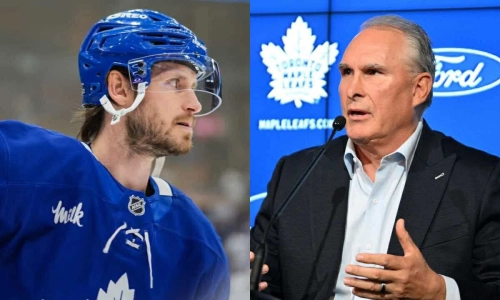 Toronto Maple Leafs defenseman Oliver Ekman-Larsson (left) and Toronto Maple Leafs head coach Craig Berube (right)