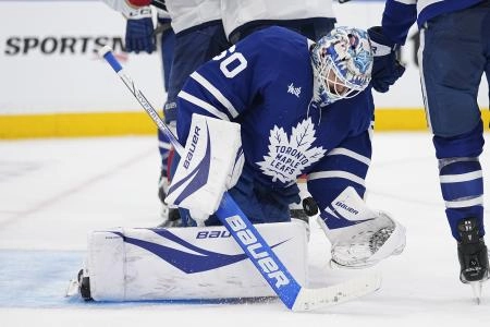 May 5, 2025; Toronto, Ontario, CAN; Toronto Maple Leafs goaltender Joseph Woll (60) makes a save against the Florida Panthers during the second period of the second round of the 2025 Stanley Cup Playoffs at Scotiabank Arena. Mandatory Credit: John E. Sokolowski-Imagn Images