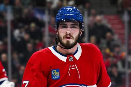 Dec 17, 2024; Montreal, Quebec, CAN; Montreal Canadiens center Kirby Dach (77) looks on against the Buffalo Sabres during the first period at Bell Centre. Mandatory Credit: David Kirouac-Imagn Images