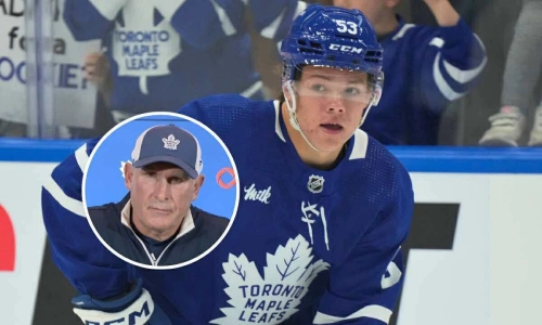 Sep 25, 2023; Toronto, Ontario, CAN; Toronto Maple Leafs forward Easton Cowan (53) skates during warm up before a game against the Ottawa Senators at Scotiabank Arena; Craig Berube also pictured (insert). Mandatory Credit: John E. Sokolowski-Imagn Images