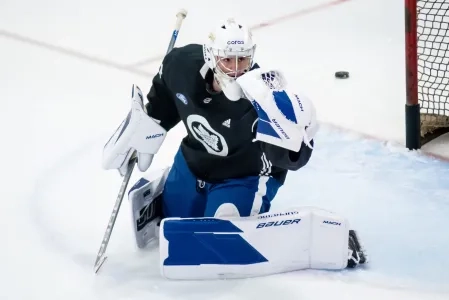 Toronto Maple Leafs prospect Artur Akhtyamov makes a save during a team practice.