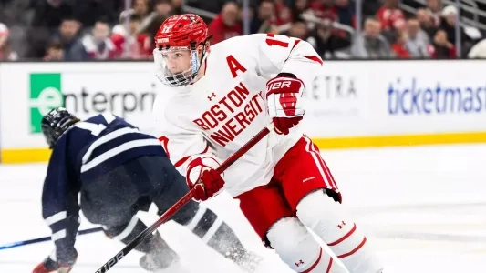 Oilers' prospect Quinn Hutson in game action with Boston University of NCAA