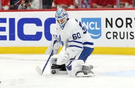 May 11, 2025; Sunrise, Florida, USA; Toronto Maple Leafs goaltender Joseph Woll (60) makes a save against the Florida Panthers during the second period in game four of the second round of the 2025 Stanley Cup Playoffs at Amerant Bank Arena. Mandatory Credit: Kim Klement Neitzel-Imagn Images