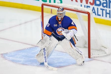 Semyon Varlamov with the New York Islanders. Semyon Varlamov with the New York Islanders.