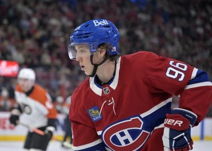 Sep 23, 2025; Montreal, Quebec, CAN; Montreal Canadiens forward Vinzenz Rohrer (96) plays the puck during the second period against the Philadelphia Flyers at the Bell Centre. Mandatory Credit: Eric Bolte-Imagn Images