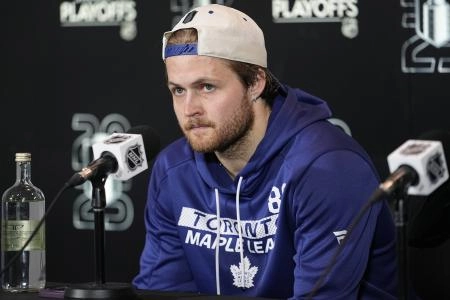 May 5, 2025; Toronto, Ontario, CAN; Toronto Maple Leafs forward William Nylander (88) during a post game press conference following game one in the second round of the 2025 Stanley Cup Playoffs against the Florida Panthers at Scotiabank Arena. Mandatory Credit: John E. Sokolowski-Imagn Images
