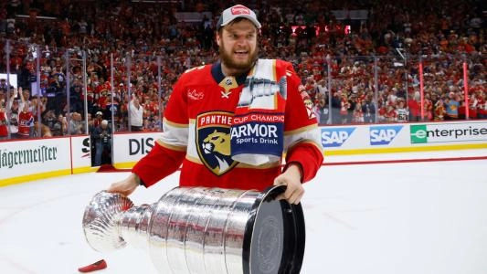Aleksander Barkov raising the Stanley Cup