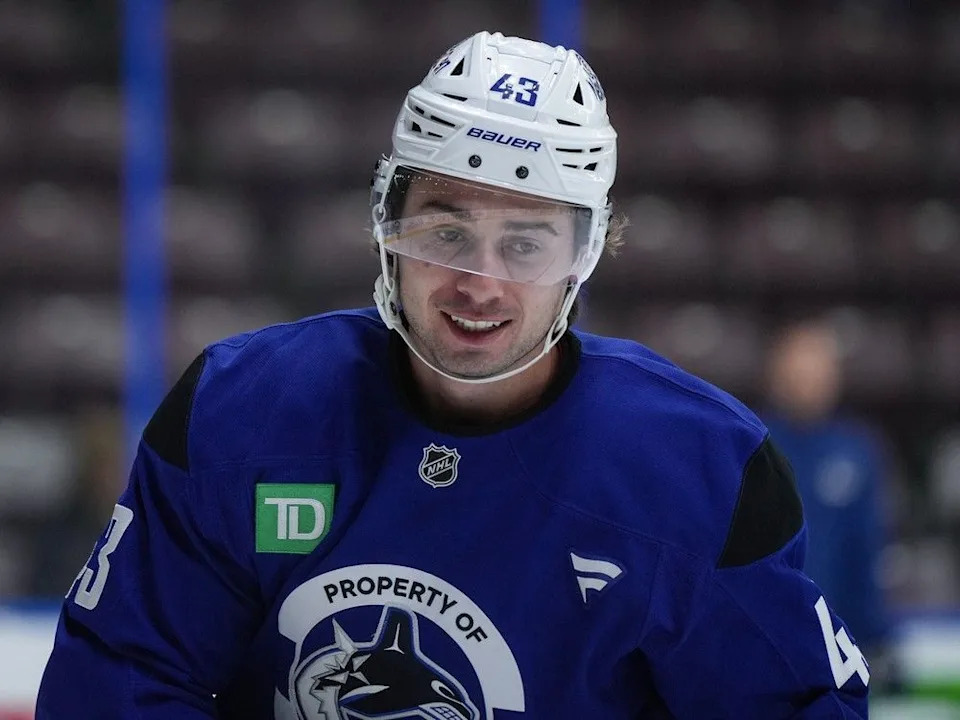  Vancouver Canucks’ Quinn Hughes skates during the opening day of the NHL hockey team’s training camp, in Penticton, B.C., on Thursday, Sept. 18, 2025.