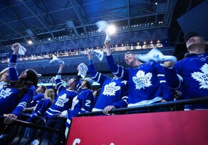 May 7, 2025; Toronto, Ontario, CAN; The Toronto Maple Leafs fans show their support during the first period against the Florida Panthers during the first period  in game two of the second round of the 2025 Stanley Cup Playoffs at Scotiabank Arena. Mandatory Credit: Nick Turchiaro-Imagn Images