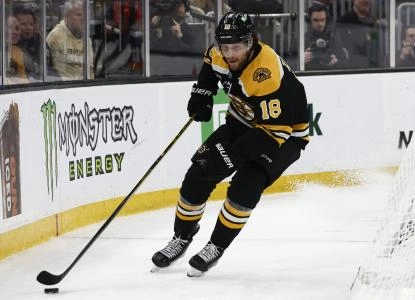 Feb 8, 2025; Boston, Massachusetts, USA; Boston Bruins center Pavel Zacha (18) during the third period against the Vegas Golden Knights at TD Garden. Mandatory Credit: Winslow Townson-Imagn Images