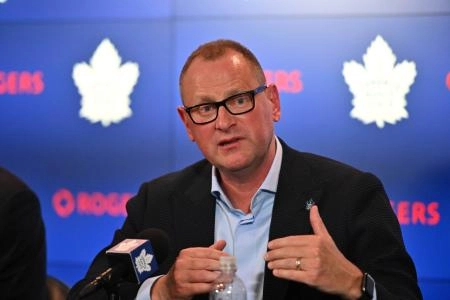 Jun 1, 2023; Toronto, Ontario, CANADA; Toronto Maple Leafs new general manager Brad Treliving is introduced at a press conference at Scotiabank Arena. Mandatory Credit: Dan Hamilton-Imagn Images