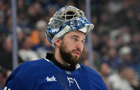 Nov 16, 2024; Toronto, Ontario, CAN; Toronto Maple Leafs goalie Anthony Stolarz (41) waits for play to resume during a timeout against the Edmonton Oilers in the second period at Scotiabank Arena. Mandatory Credit: Dan Hamilton-Imagn Images