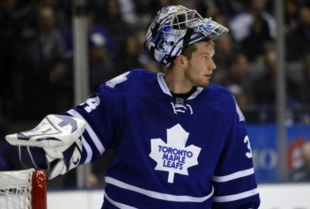 January 3, 2011; Toronto, ON, CANADA; Toronto Maple Leafs goalie James Reimer (34) during a break in the action against the Boston Bruins at the Air Canada Centre. Boston defeated Toronto 2-1. Mandatory Credit: John E. Sokolowski-Imagn Images