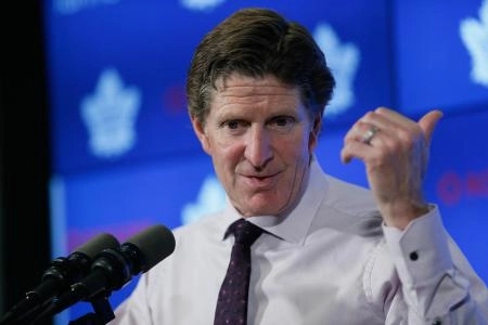 Sep 28, 2019; Toronto, Ontario, CAN; Toronto Maple Leafs head coach Mike Babcock talks to the media after a win over the Detroit Red Wings at Scotiabank Arena. Mandatory Credit: John E. Sokolowski-Imagn Images